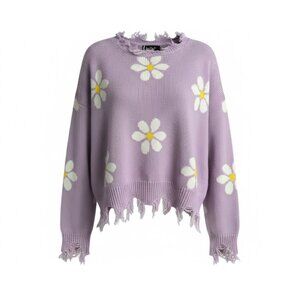 Just Polly New York Distressed Flower Sweater Lavender Size Large L Boho Chic